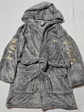 PINK Victoria's Secret Girls' Gray Hooded Robe with Gold Foil Logo